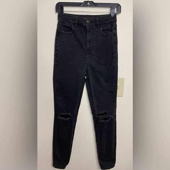 American Eagle Strech Distressed Curvy Highest Rise Jegging Black Jean Pant Sz 2 - Picture 4 of 15